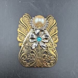 Jane Davis Angel of Love Gold Tone Brooch Pin with Rhinestone Vintage, Signed